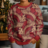 Luxury Red Monstera Kid Ugly Christmas Sweater Polynesian Tribal Pattern - Polynesian Pride