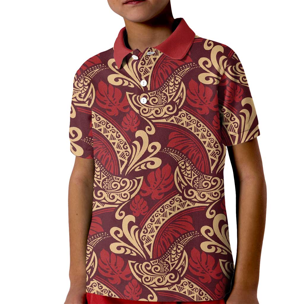 Luxury Red Monstera Kid Polo Shirt Polynesian Tribal Pattern - Polynesian Pride