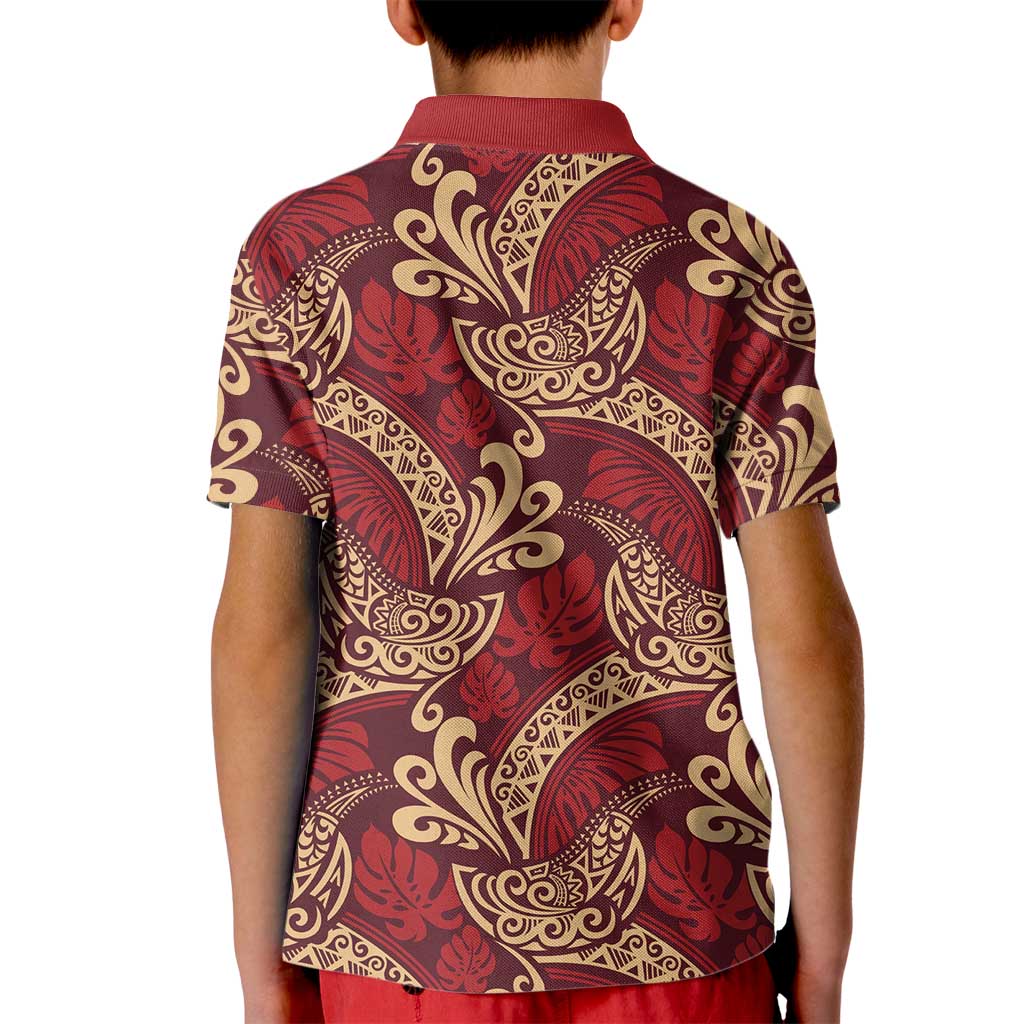 Luxury Red Monstera Kid Polo Shirt Polynesian Tribal Pattern - Polynesian Pride