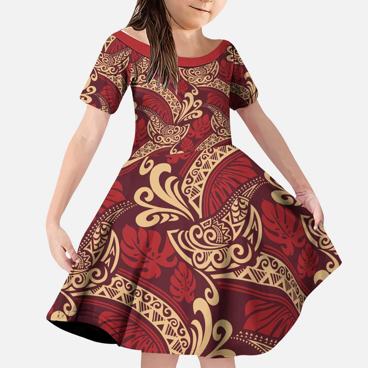 Luxury Red Monstera Kid Short Sleeve Dress Polynesian Tribal Pattern - Polynesian Pride