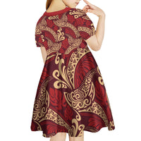 Luxury Red Monstera Kid Short Sleeve Dress Polynesian Tribal Pattern - Polynesian Pride
