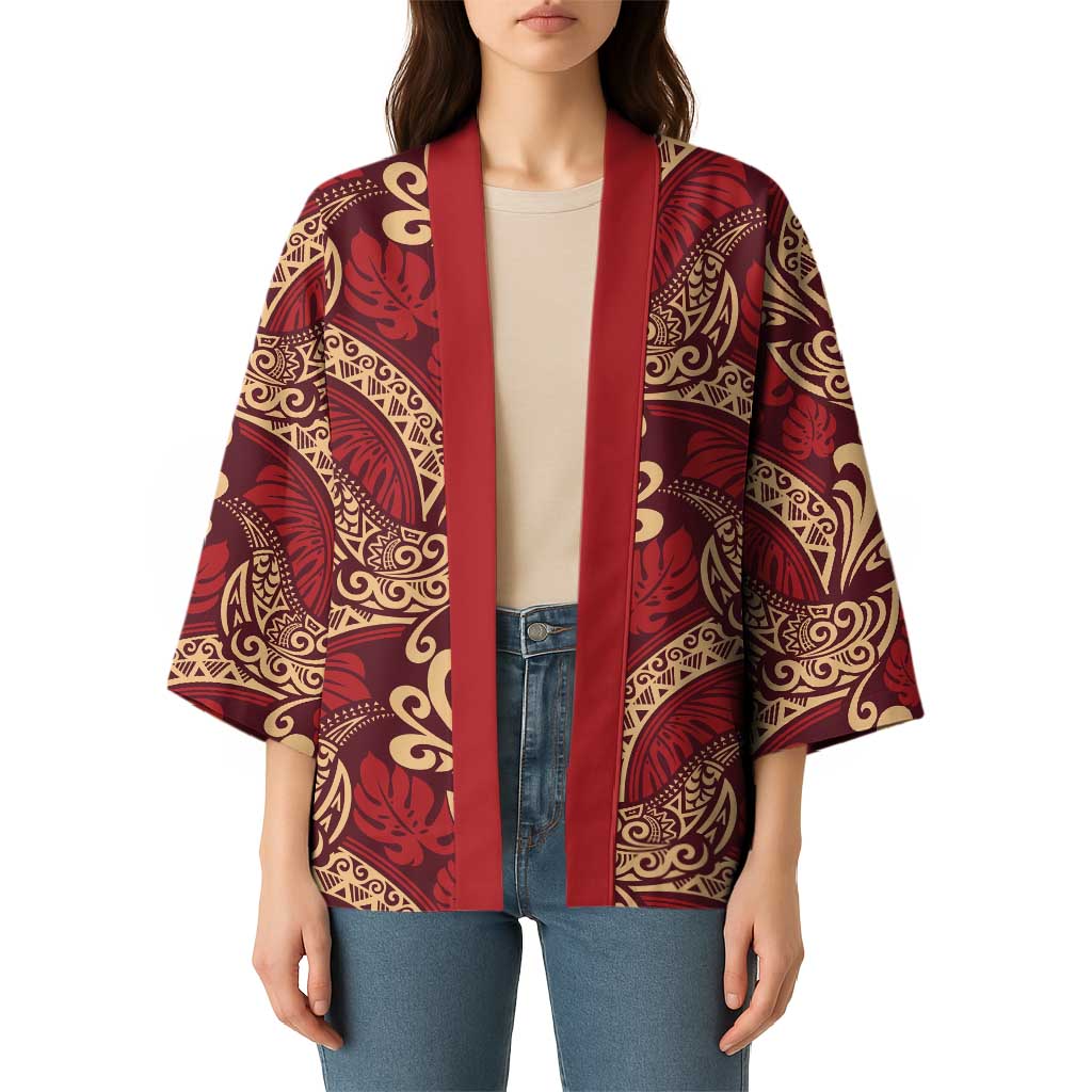 Luxury Red Monstera Kimono Polynesian Tribal Pattern - Polynesian Pride