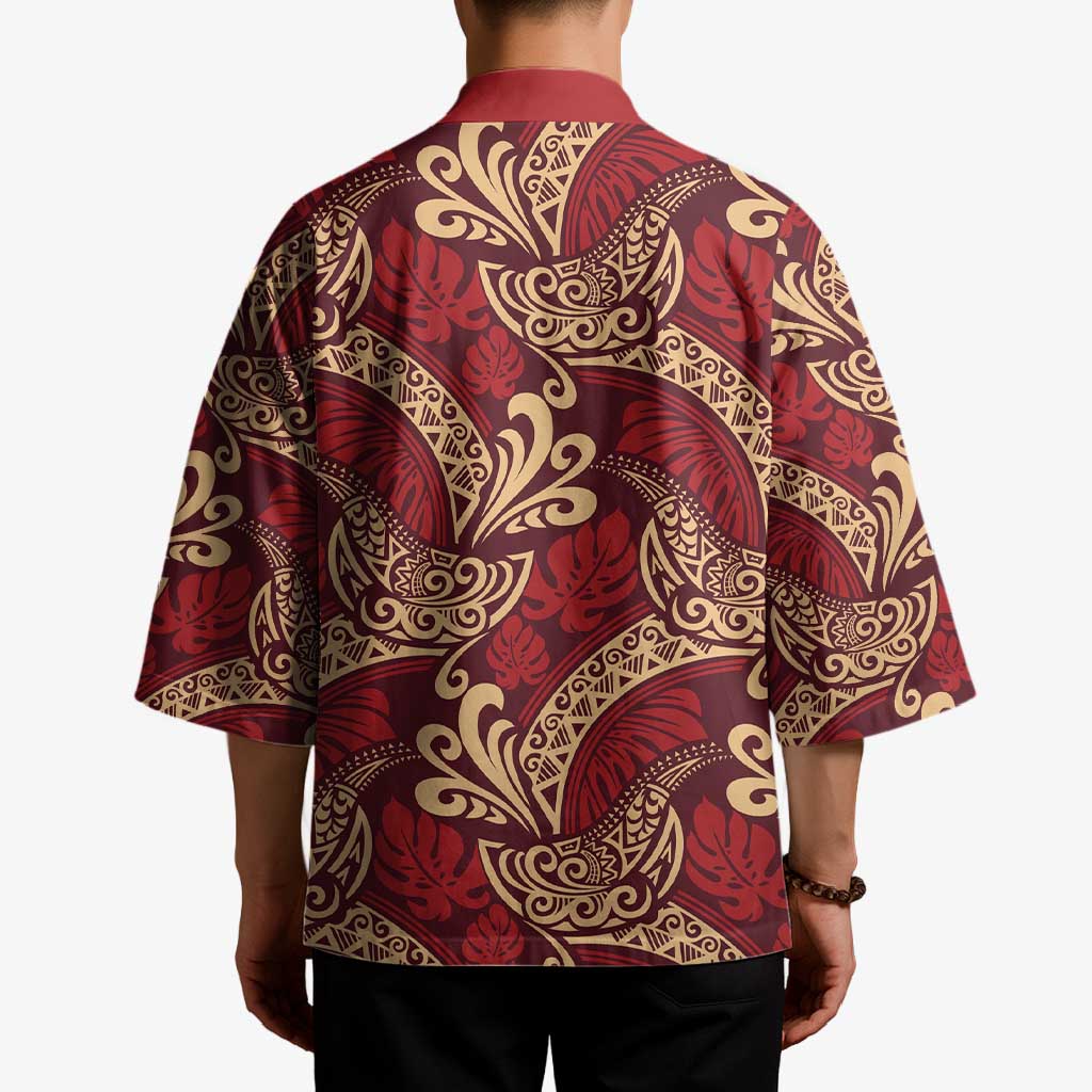 Luxury Red Monstera Kimono Polynesian Tribal Pattern - Polynesian Pride