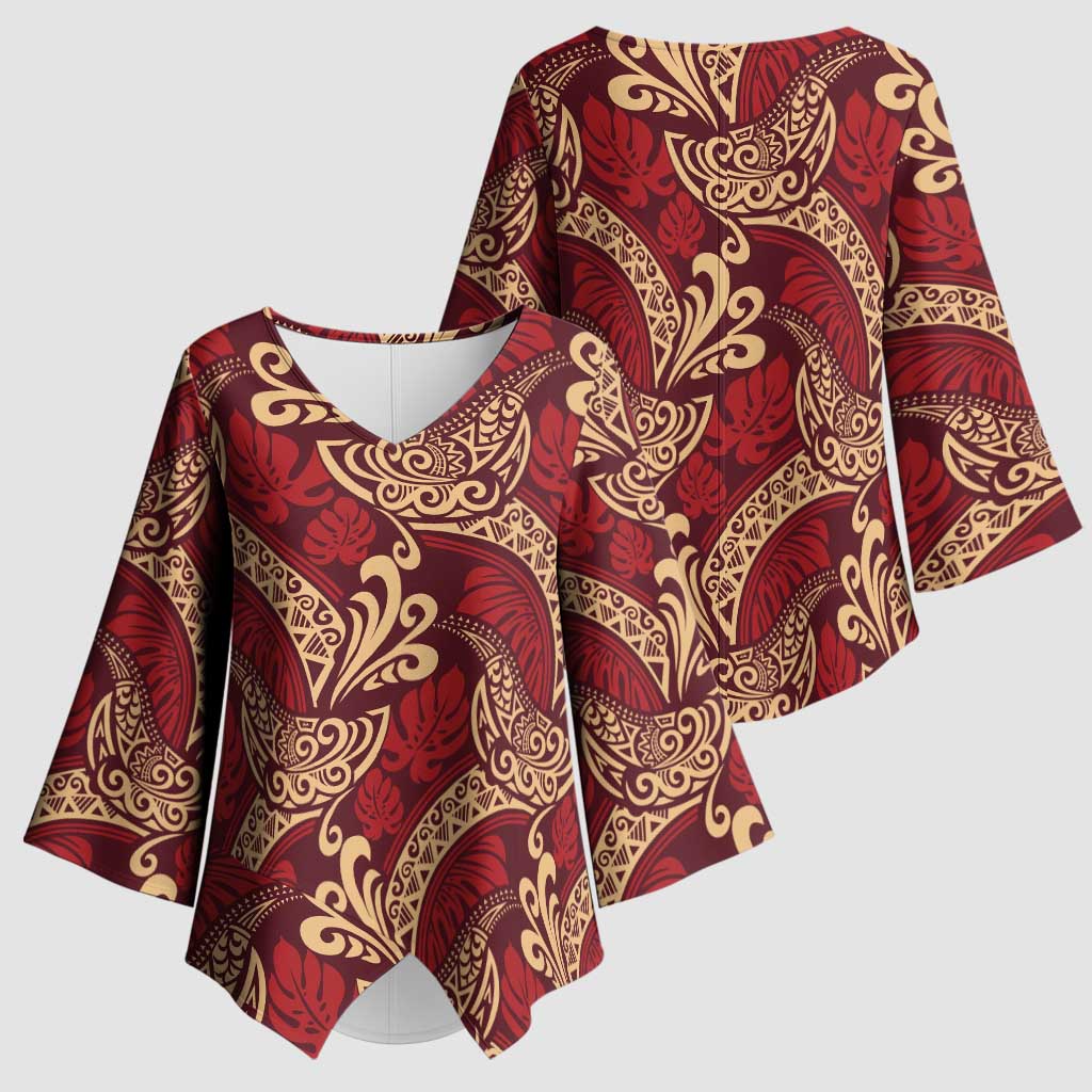 Luxury Red Monstera Kimono Sleeve Blouse Polynesian Tribal Pattern - Polynesian Pride