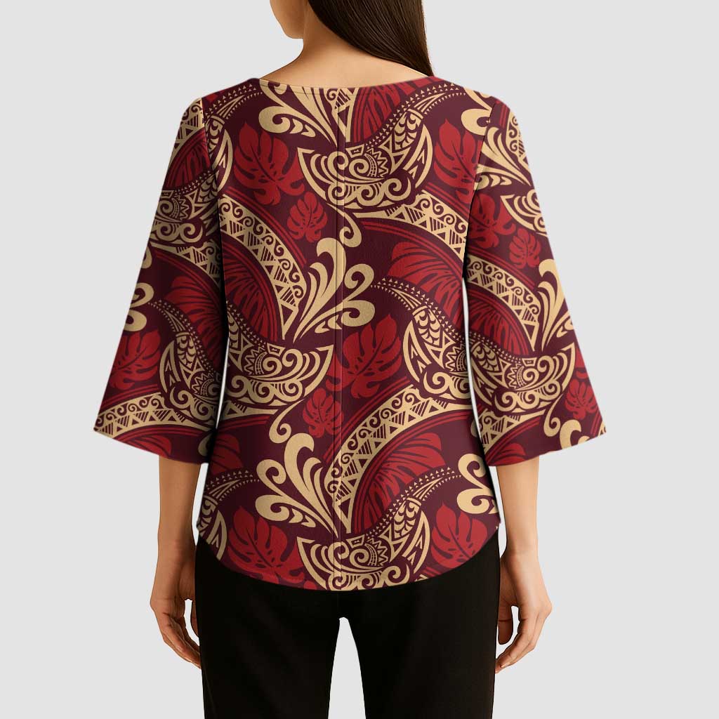 Luxury Red Monstera Kimono Sleeve Blouse Polynesian Tribal Pattern - Polynesian Pride