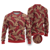 Luxury Red Monstera Ugly Christmas Sweater Polynesian Tribal Pattern - Polynesian Pride