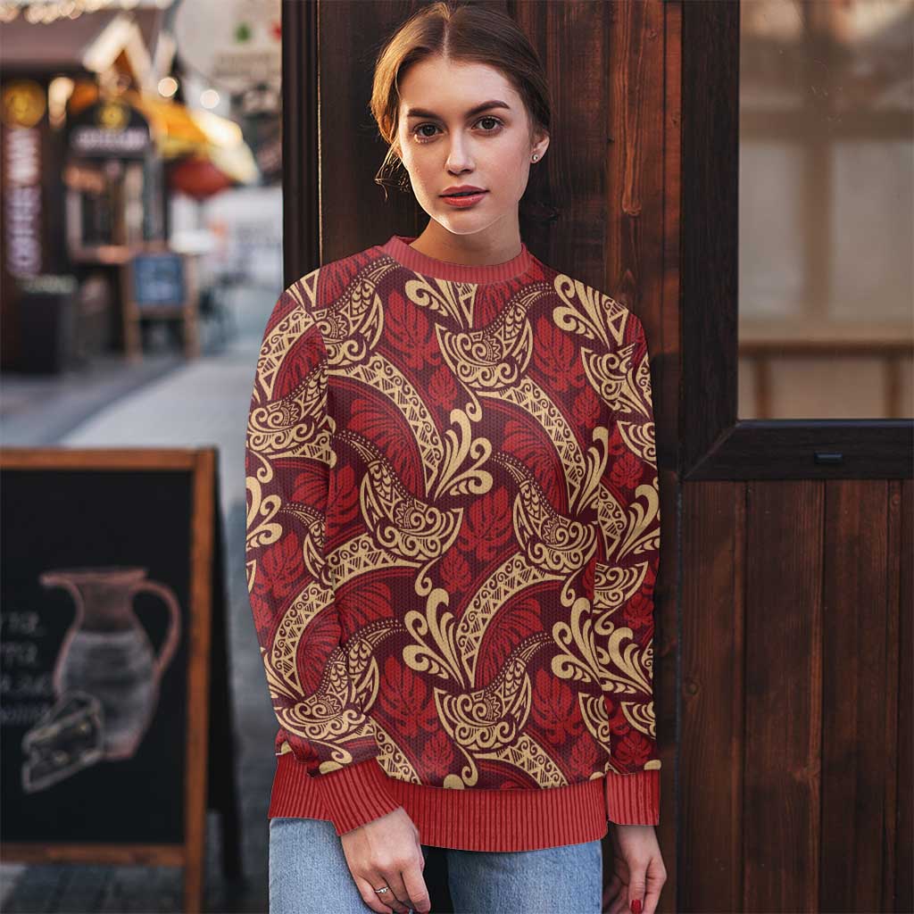 Luxury Red Monstera Ugly Christmas Sweater Polynesian Tribal Pattern - Polynesian Pride