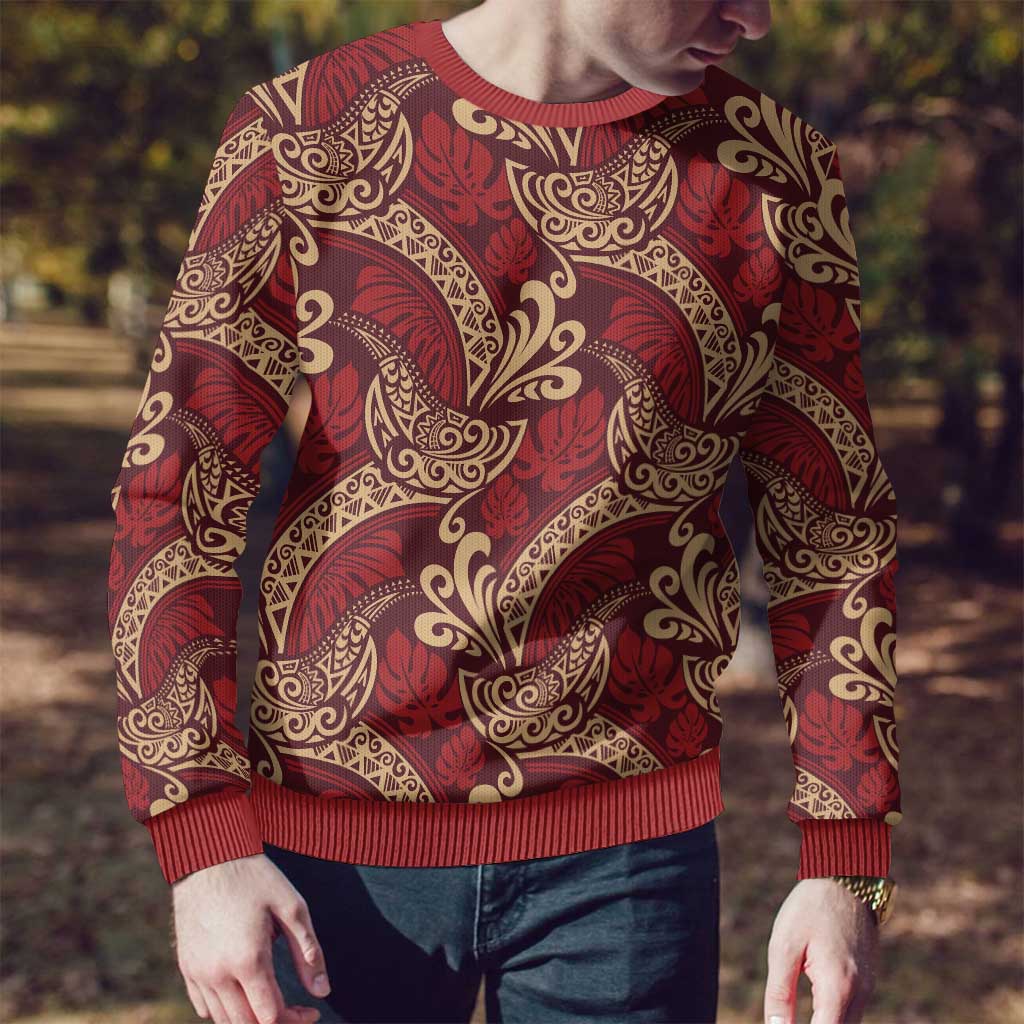 Luxury Red Monstera Ugly Christmas Sweater Polynesian Tribal Pattern - Polynesian Pride
