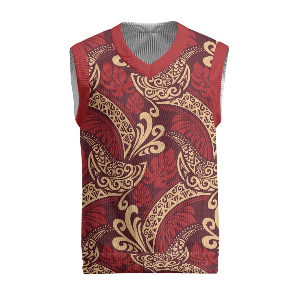 Luxury Red Monstera Christmas Knitted V-Neck Vest Polynesian Tribal Pattern - Polynesian Pride