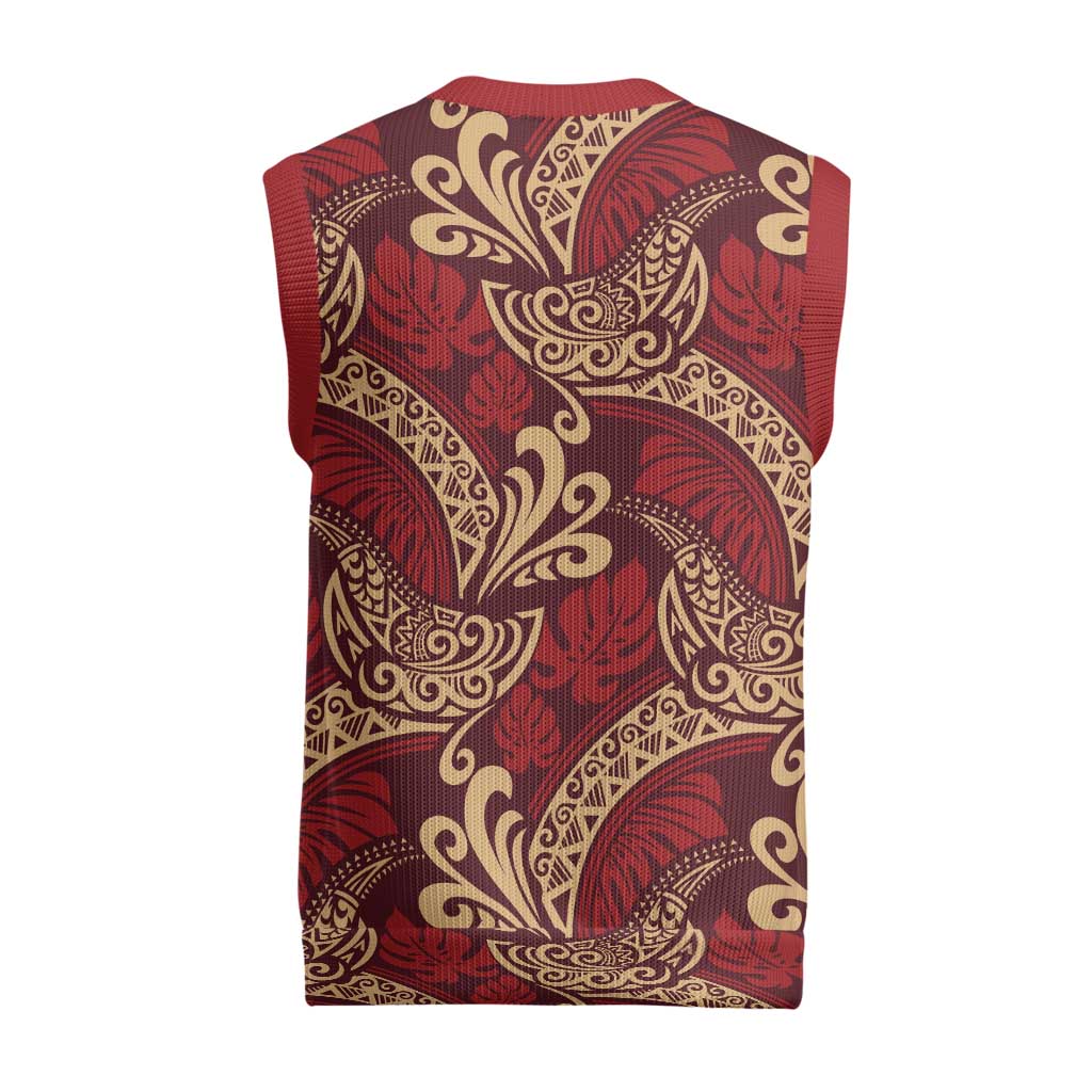 Luxury Red Monstera Christmas Knitted V-Neck Vest Polynesian Tribal Pattern - Polynesian Pride