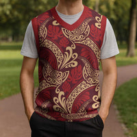 Luxury Red Monstera Christmas Knitted V-Neck Vest Polynesian Tribal Pattern - Polynesian Pride