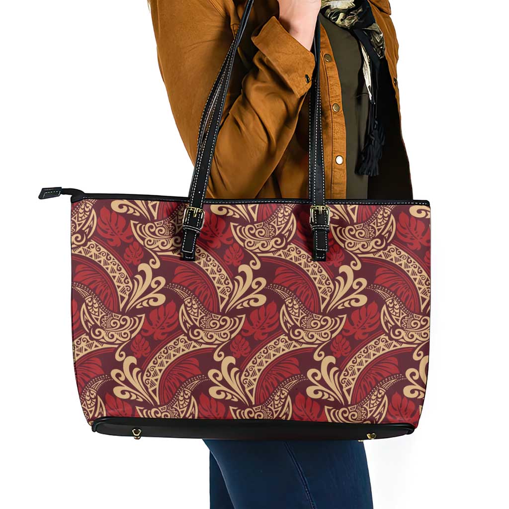 Luxury Red Monstera Leather Tote Bag Polynesian Tribal Pattern - Polynesian Pride