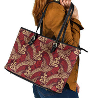 Luxury Red Monstera Leather Tote Bag Polynesian Tribal Pattern - Polynesian Pride