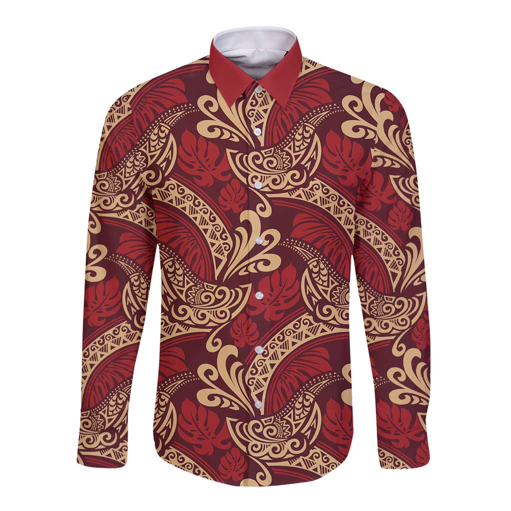 Luxury Red Monstera Long Sleeve Button Shirt Polynesian Tribal Pattern - Polynesian Pride