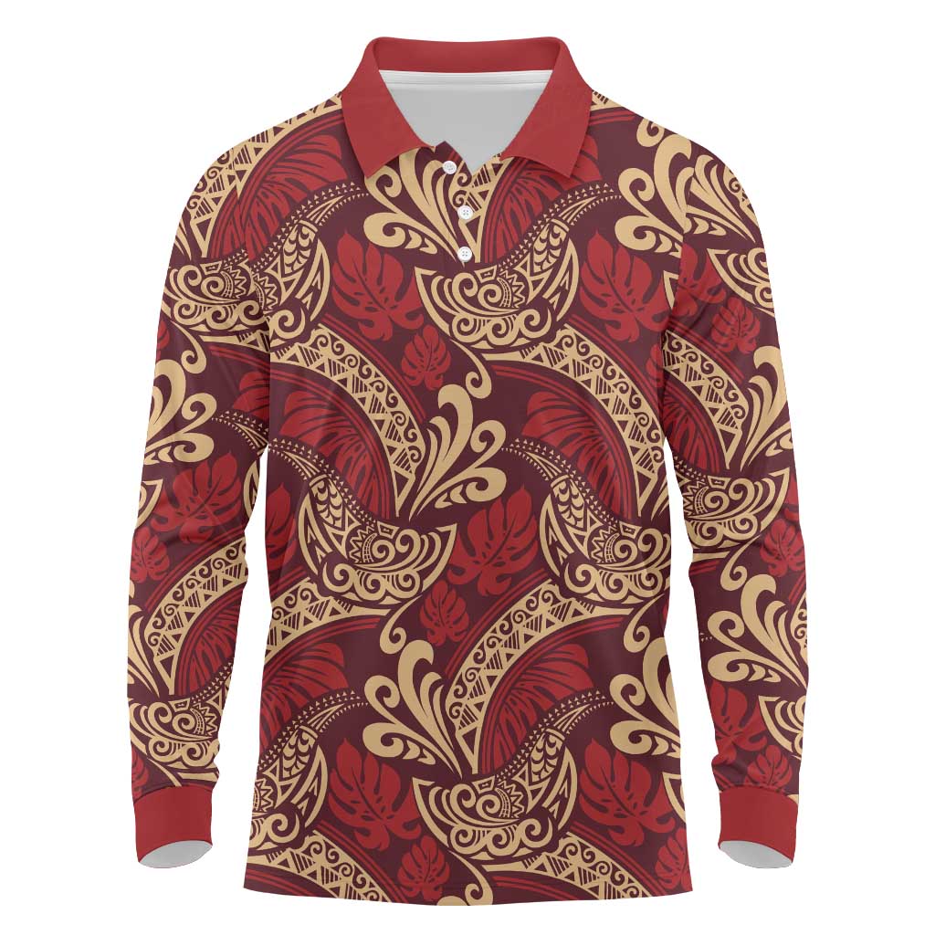 Luxury Red Monstera Long Sleeve Polo Shirt Polynesian Tribal Pattern - Polynesian Pride