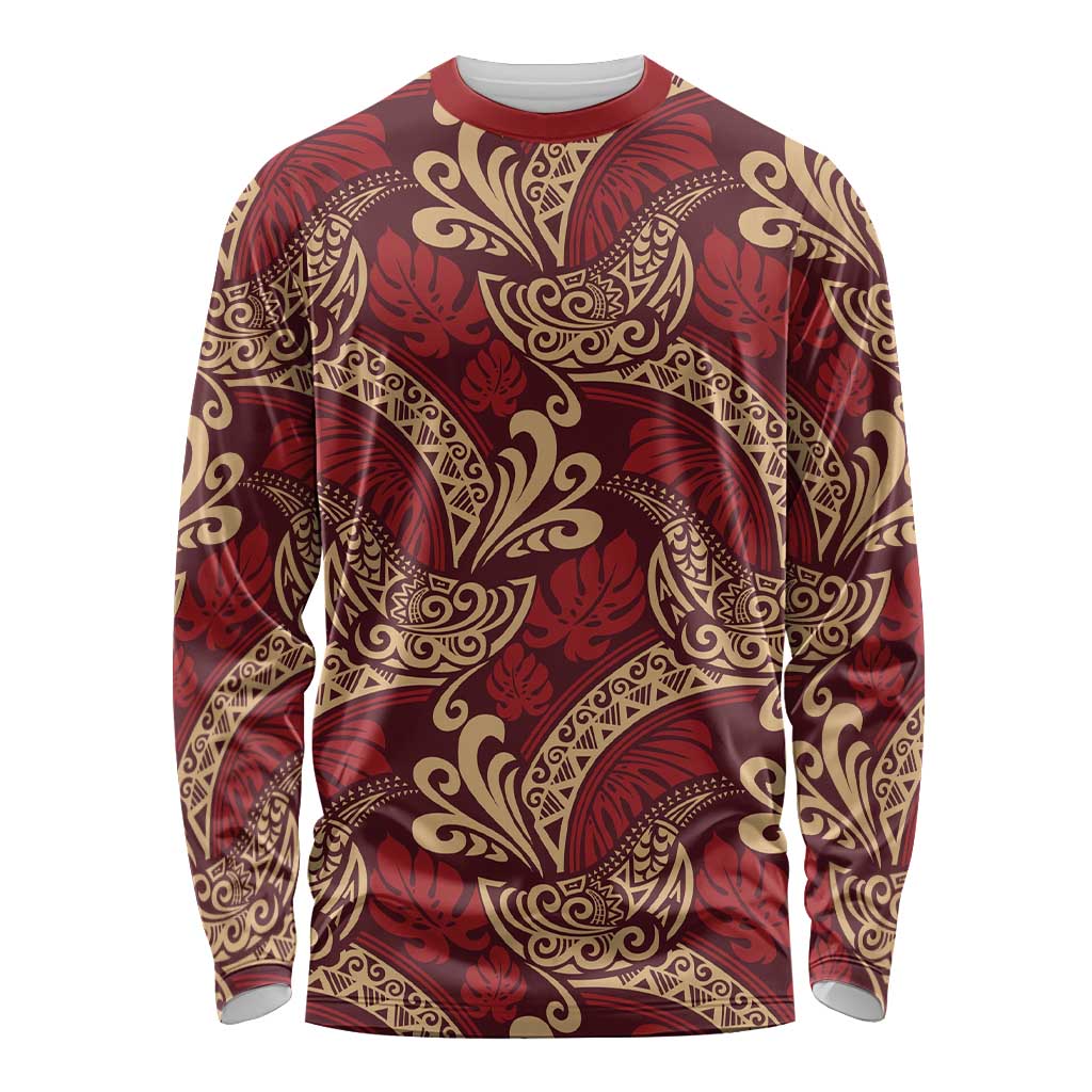 Luxury Red Monstera Long Sleeve Shirt Polynesian Tribal Pattern - Polynesian Pride