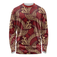 Luxury Red Monstera Long Sleeve Shirt Polynesian Tribal Pattern - Polynesian Pride