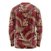 Luxury Red Monstera Long Sleeve Shirt Polynesian Tribal Pattern - Polynesian Pride