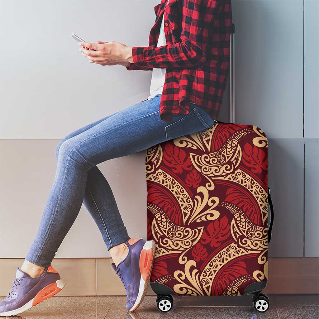 Luxury Red Monstera Luggage Cover Polynesian Tribal Pattern - Polynesian Pride