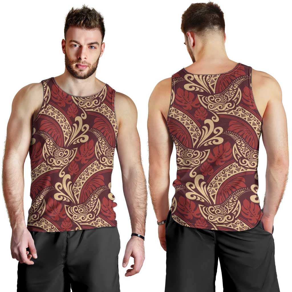 Luxury Red Monstera Men Tank Top Polynesian Tribal Pattern - Polynesian Pride