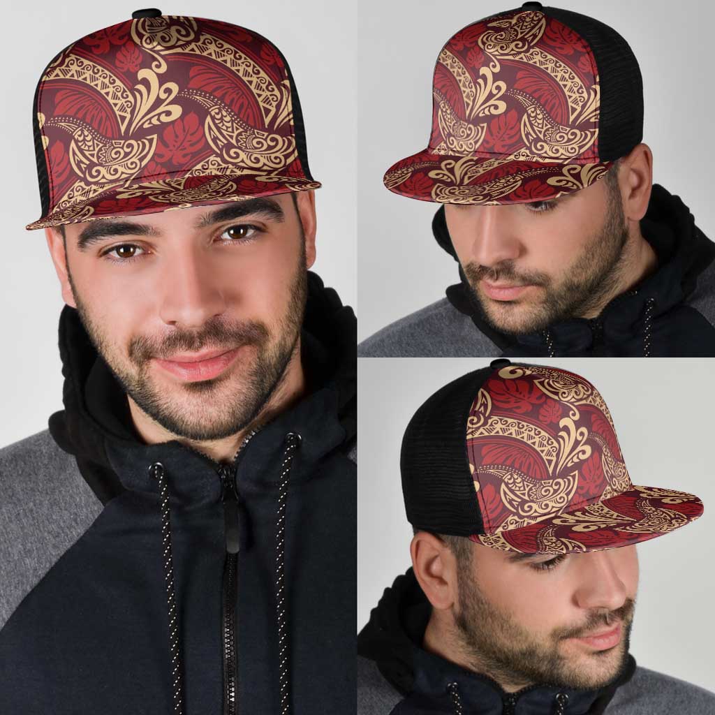 Luxury Red Monstera Mesh Trucker Cap Polynesian Tribal Pattern - Polynesian Pride