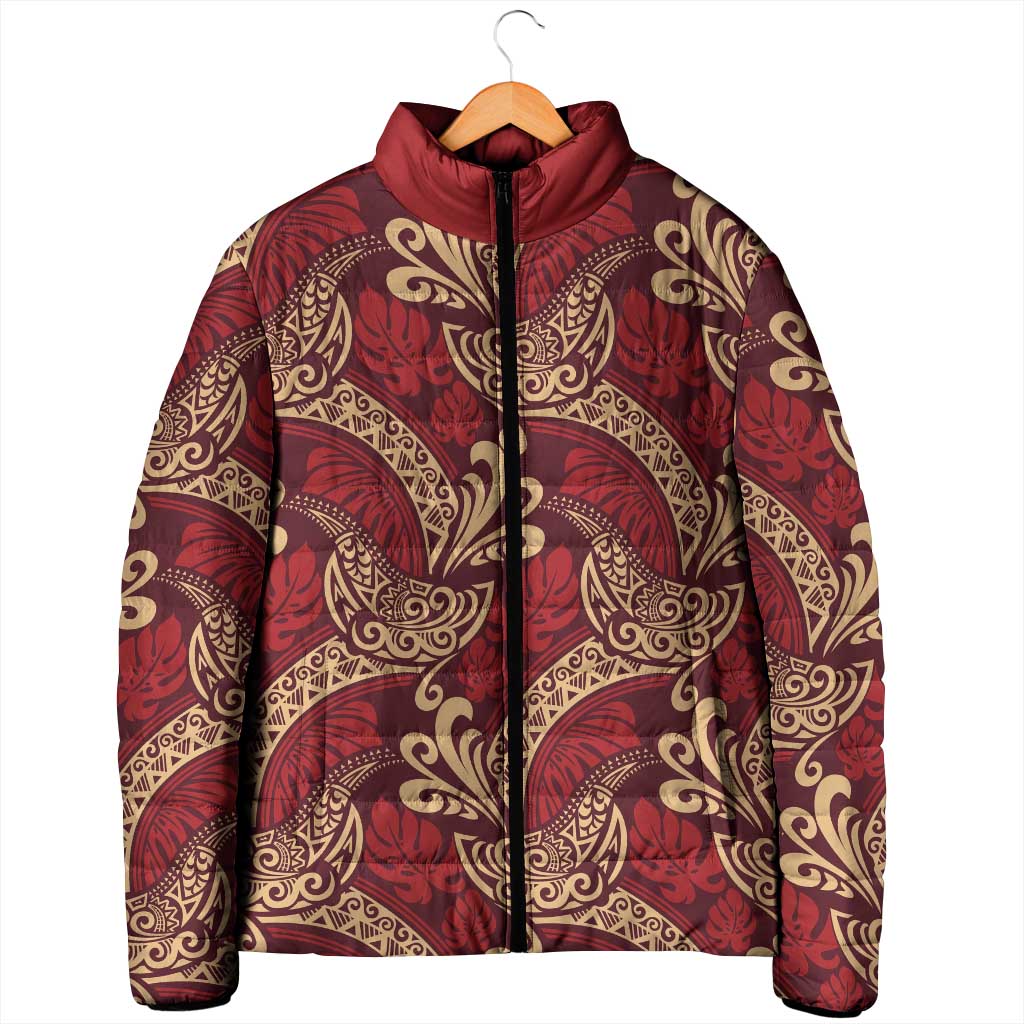 Luxury Red Monstera Padded Jacket Polynesian Tribal Pattern - Polynesian Pride