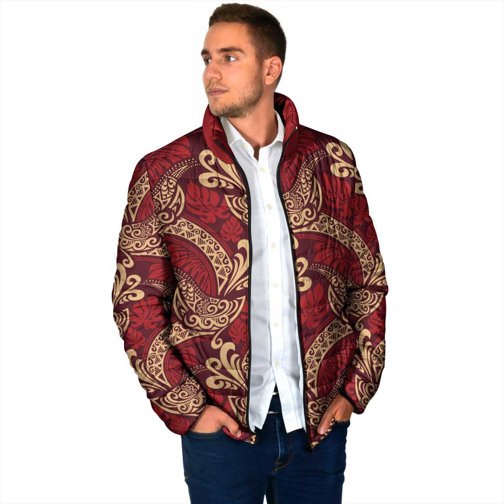 Luxury Red Monstera Padded Jacket Polynesian Tribal Pattern - Polynesian Pride