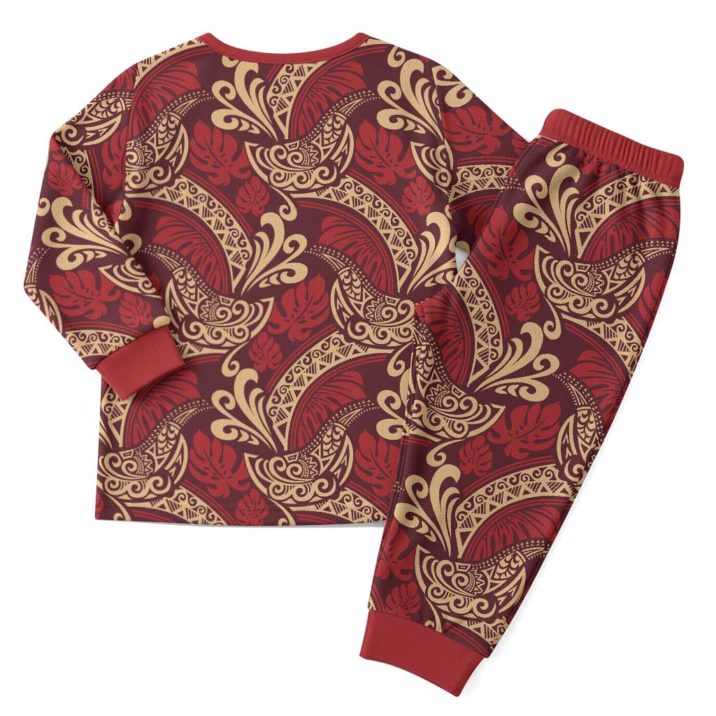 Luxury Red Monstera Christmas Pajama Set Polynesian Tribal Pattern - Polynesian Pride