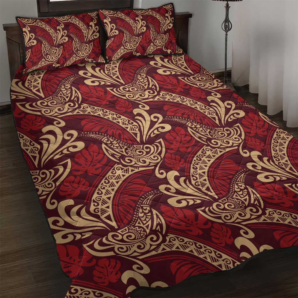 Luxury Red Monstera Quilt Bed Set Polynesian Tribal Pattern - Polynesian Pride