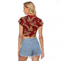 Luxury Red Monstera Raglan Cropped T Shirt Polynesian Tribal Pattern - Polynesian Pride