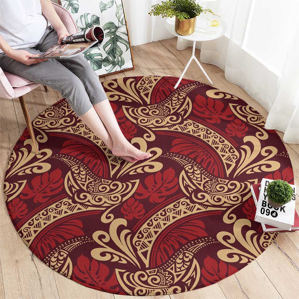 Luxury Red Monstera Round Carpet Polynesian Tribal Pattern - Polynesian Pride