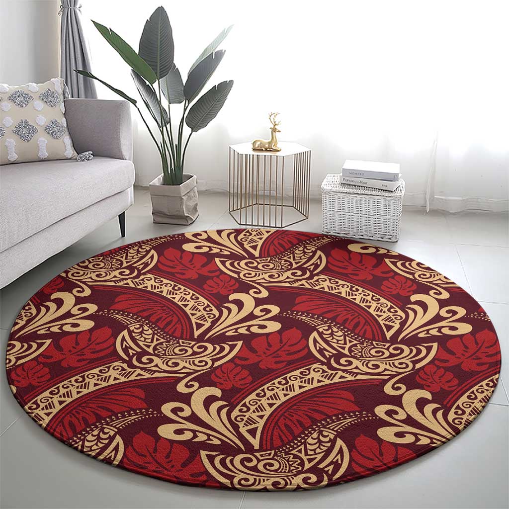 Luxury Red Monstera Round Carpet Polynesian Tribal Pattern - Polynesian Pride