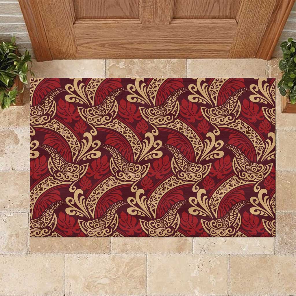 Luxury Red Monstera Rubber Doormat Polynesian Tribal Pattern - Polynesian Pride