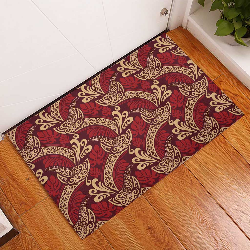 Luxury Red Monstera Rubber Doormat Polynesian Tribal Pattern - Polynesian Pride