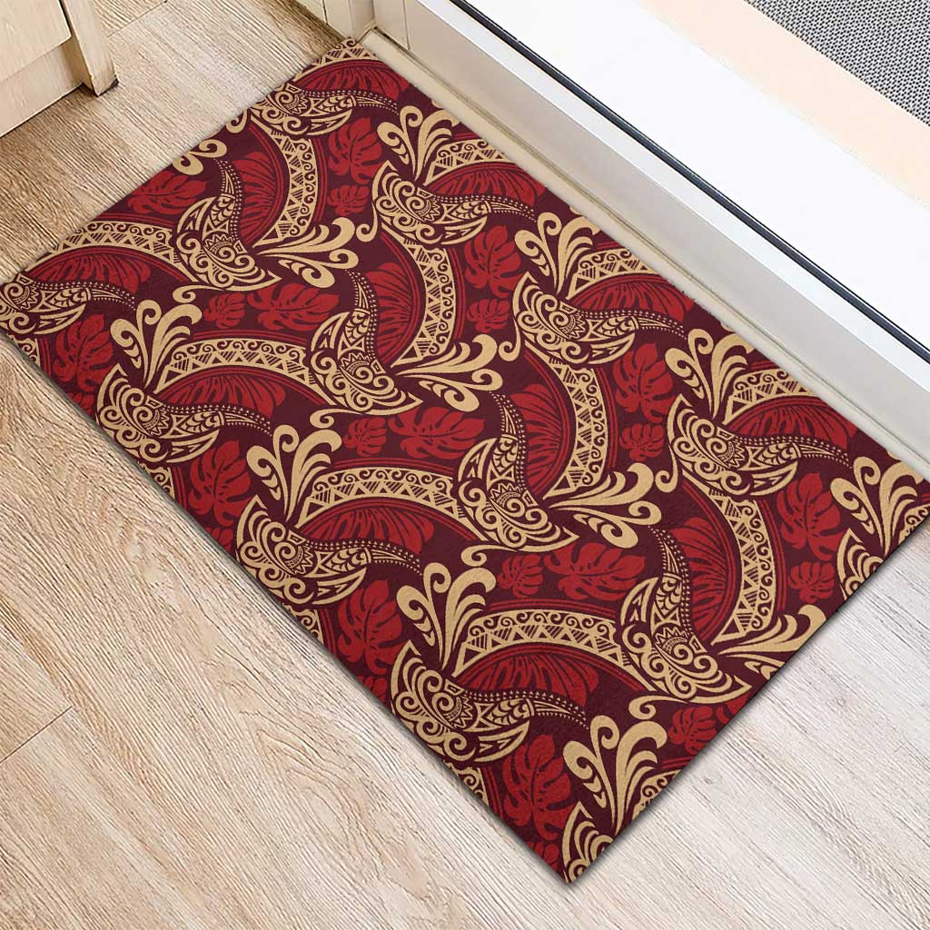 Luxury Red Monstera Rubber Doormat Polynesian Tribal Pattern - Polynesian Pride