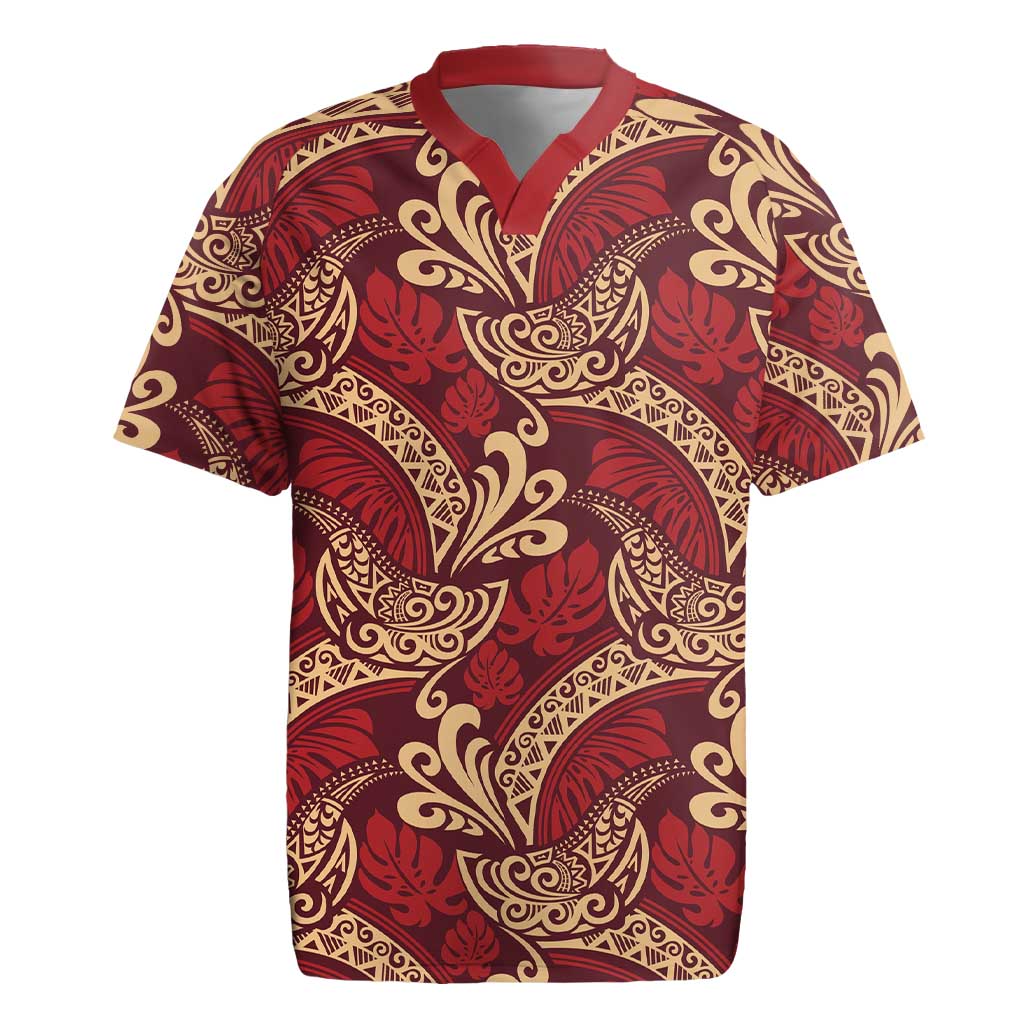 Luxury Red Monstera Rugby Jersey Polynesian Tribal Pattern - Polynesian Pride