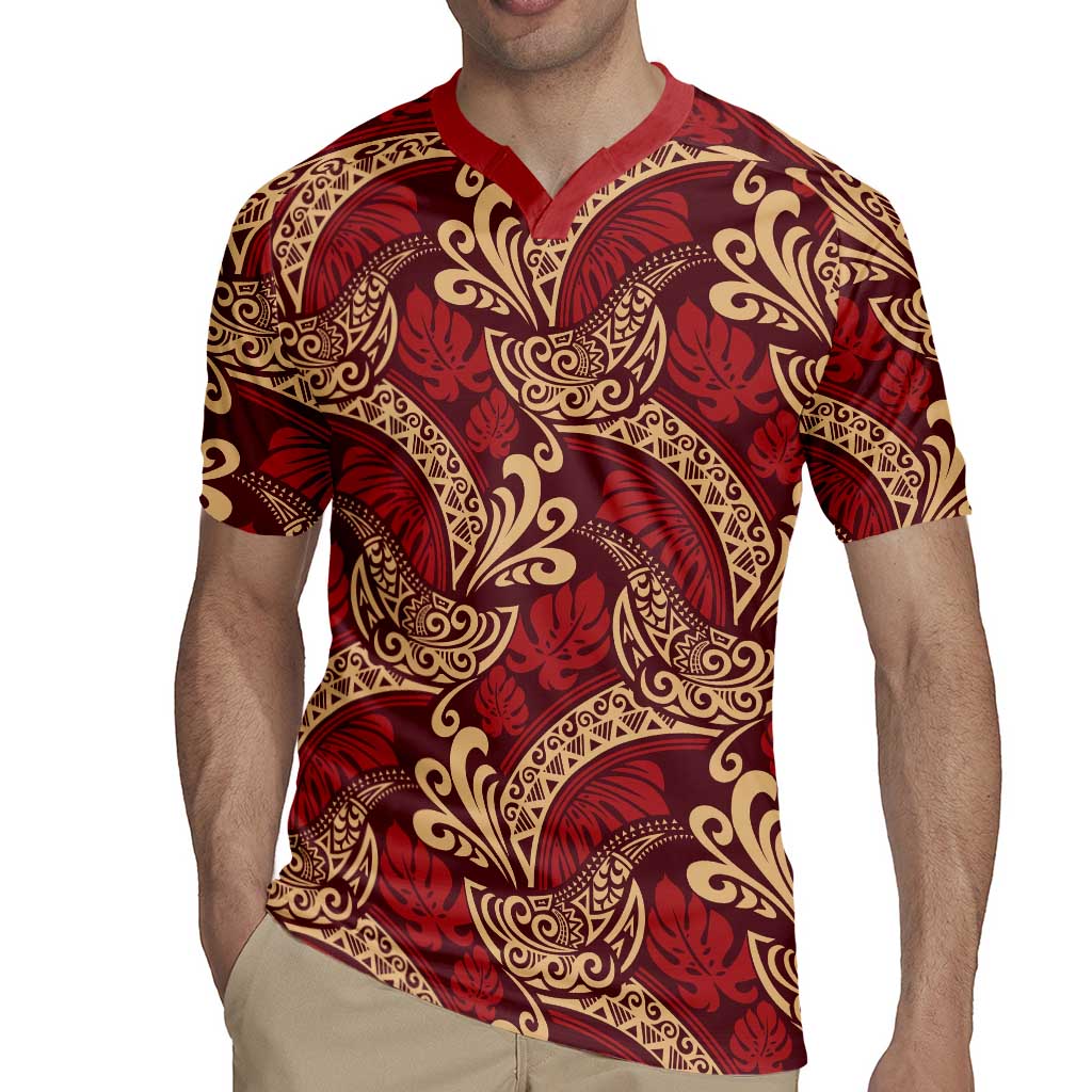 Luxury Red Monstera Rugby Jersey Polynesian Tribal Pattern - Polynesian Pride