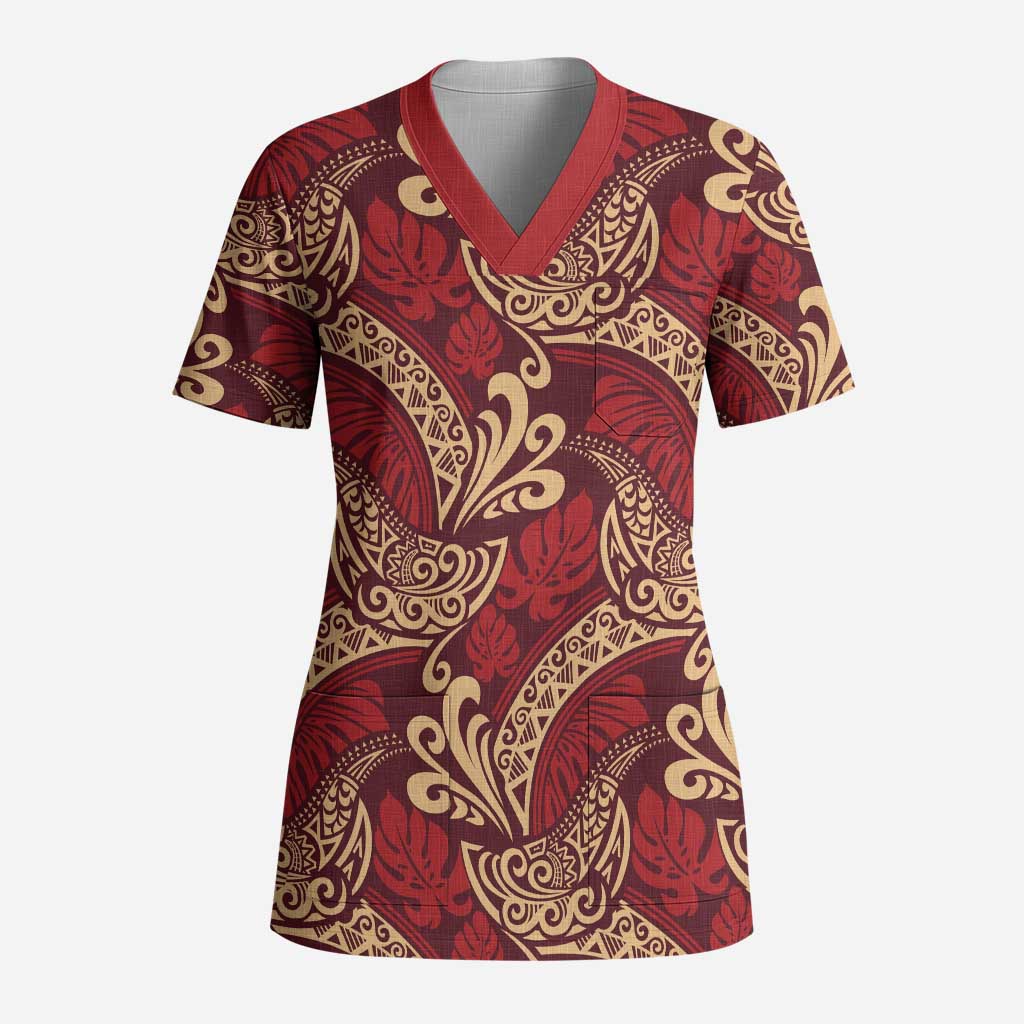 Luxury Red Monstera Scrub Top Polynesian Tribal Pattern - Polynesian Pride