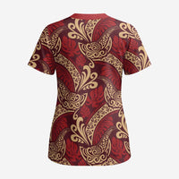 Luxury Red Monstera Scrub Top Polynesian Tribal Pattern - Polynesian Pride
