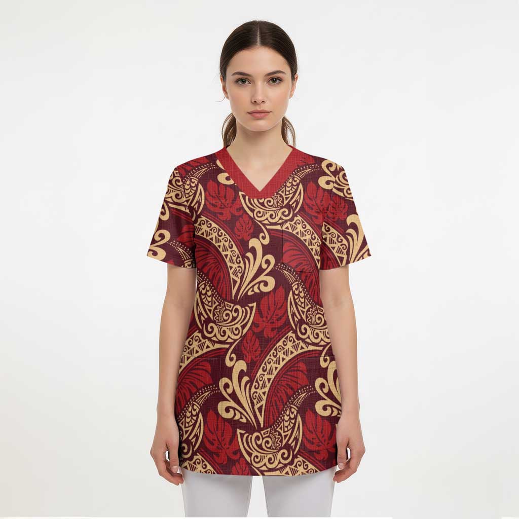 Luxury Red Monstera Scrub Top Polynesian Tribal Pattern - Polynesian Pride