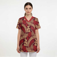 Luxury Red Monstera Scrub Top Polynesian Tribal Pattern - Polynesian Pride
