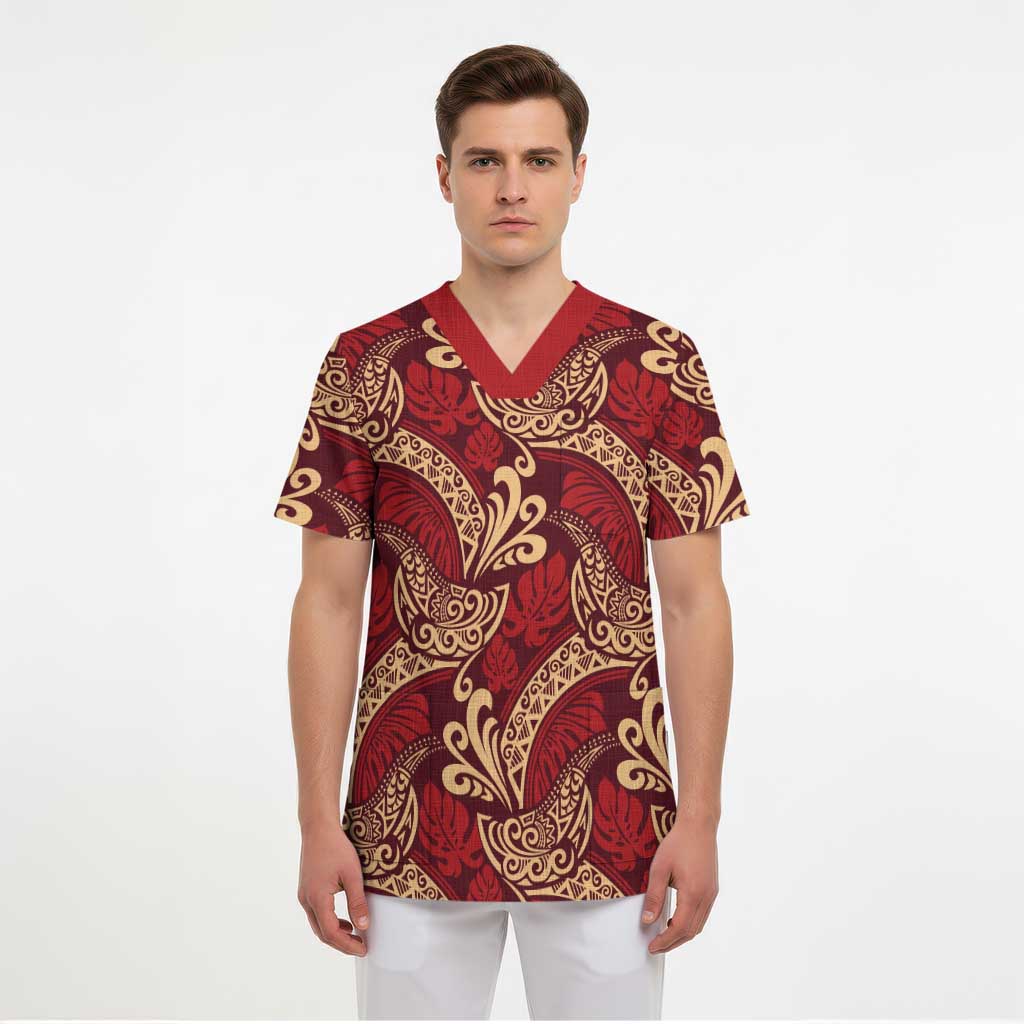 Luxury Red Monstera Scrub Top Polynesian Tribal Pattern - Polynesian Pride