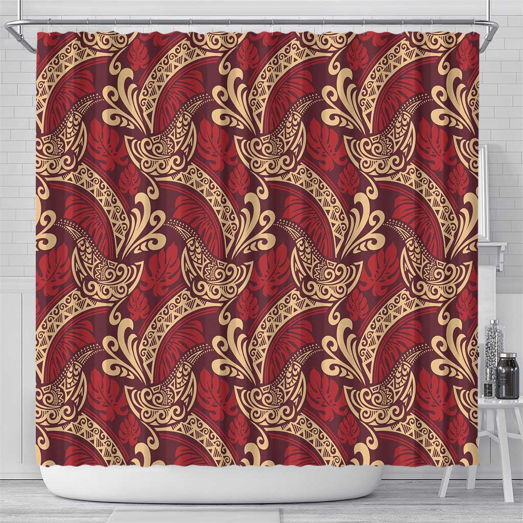 Luxury Red Monstera Shower Curtain Polynesian Tribal Pattern - Polynesian Pride