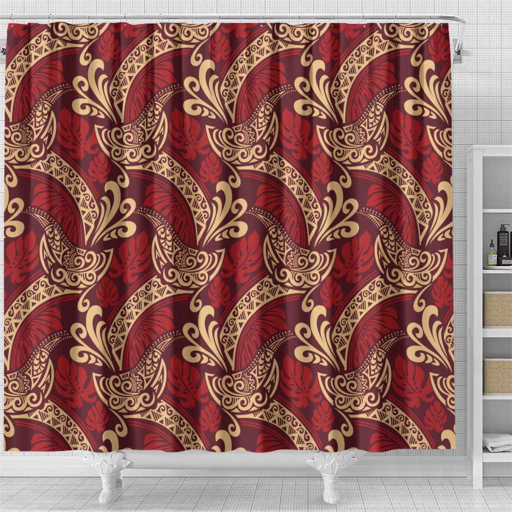 Luxury Red Monstera Shower Curtain Polynesian Tribal Pattern - Polynesian Pride