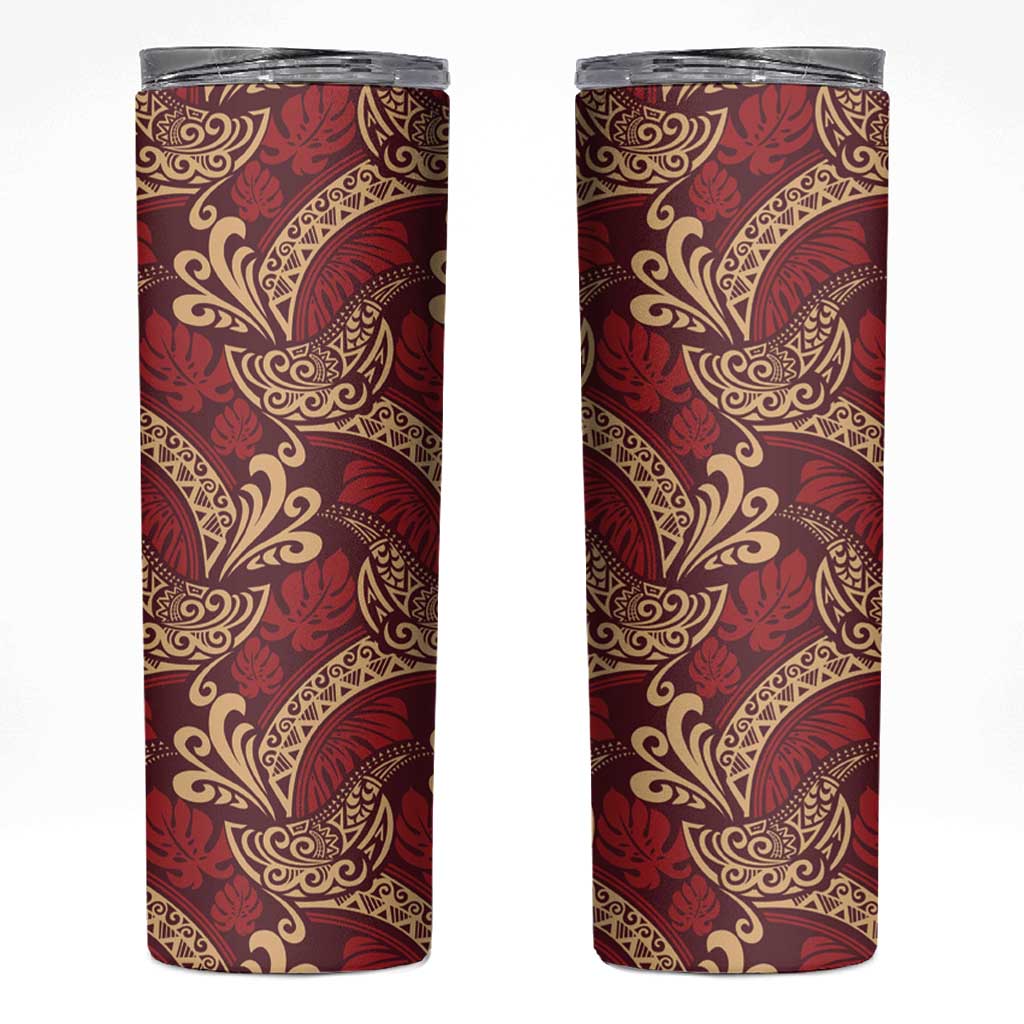 Luxury Red Monstera Skinny Tumbler Polynesian Tribal Pattern - Polynesian Pride