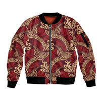 Luxury Red Monstera Sleeve Zip Bomber Jacket Polynesian Tribal Pattern - Polynesian Pride