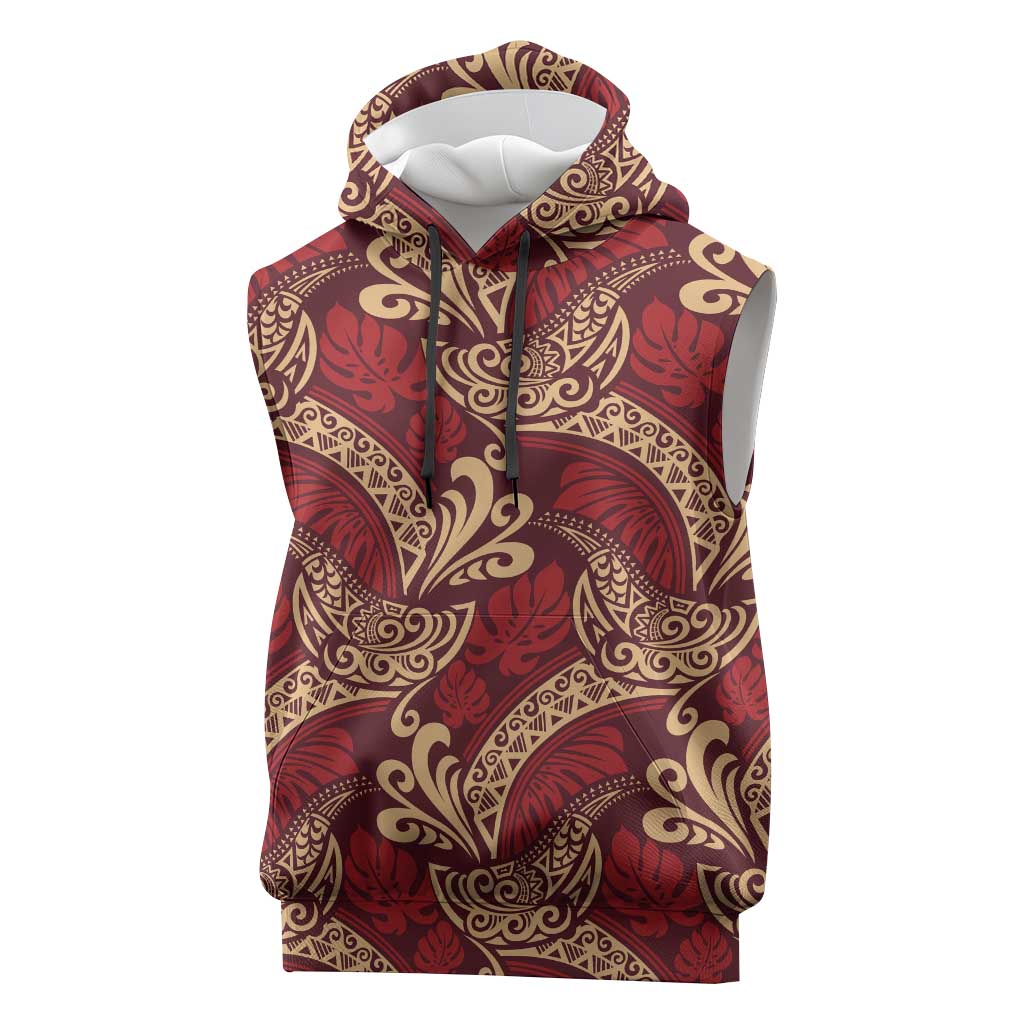 Luxury Red Monstera Sleeveless Hoodie Polynesian Tribal Pattern - Polynesian Pride