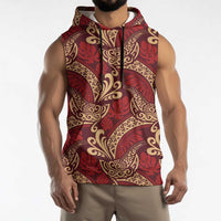 Luxury Red Monstera Sleeveless Hoodie Polynesian Tribal Pattern - Polynesian Pride