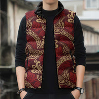 Luxury Red Monstera Sleeveless Puffer Jacket Polynesian Tribal Pattern - Polynesian Pride