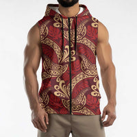Luxury Red Monstera Sleeveless Zip Hoodie Polynesian Tribal Pattern - Polynesian Pride